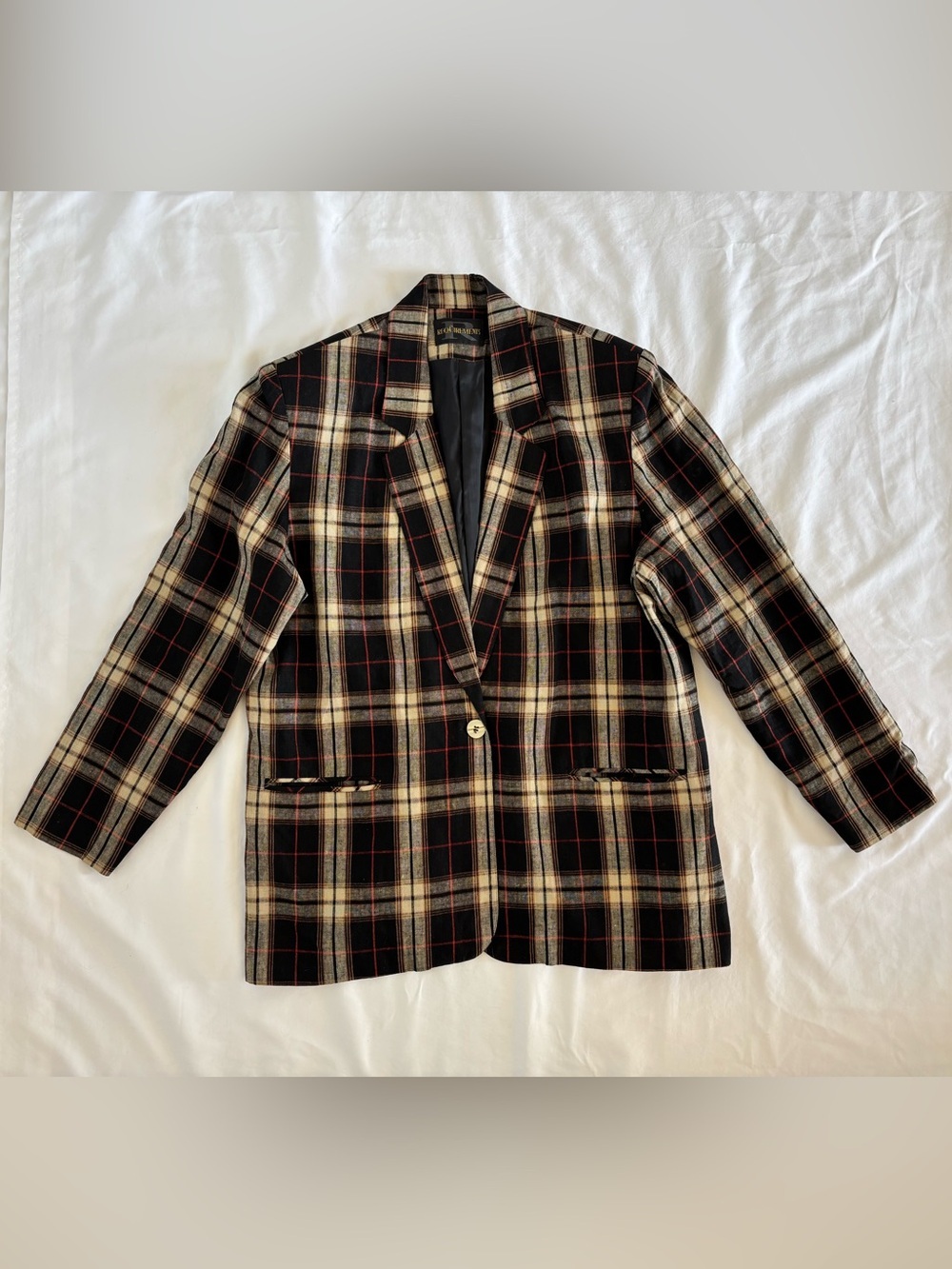 Vtg Requirements Plaid Blazer Jacket Womens 14 Lined Black Beige Orange Fall